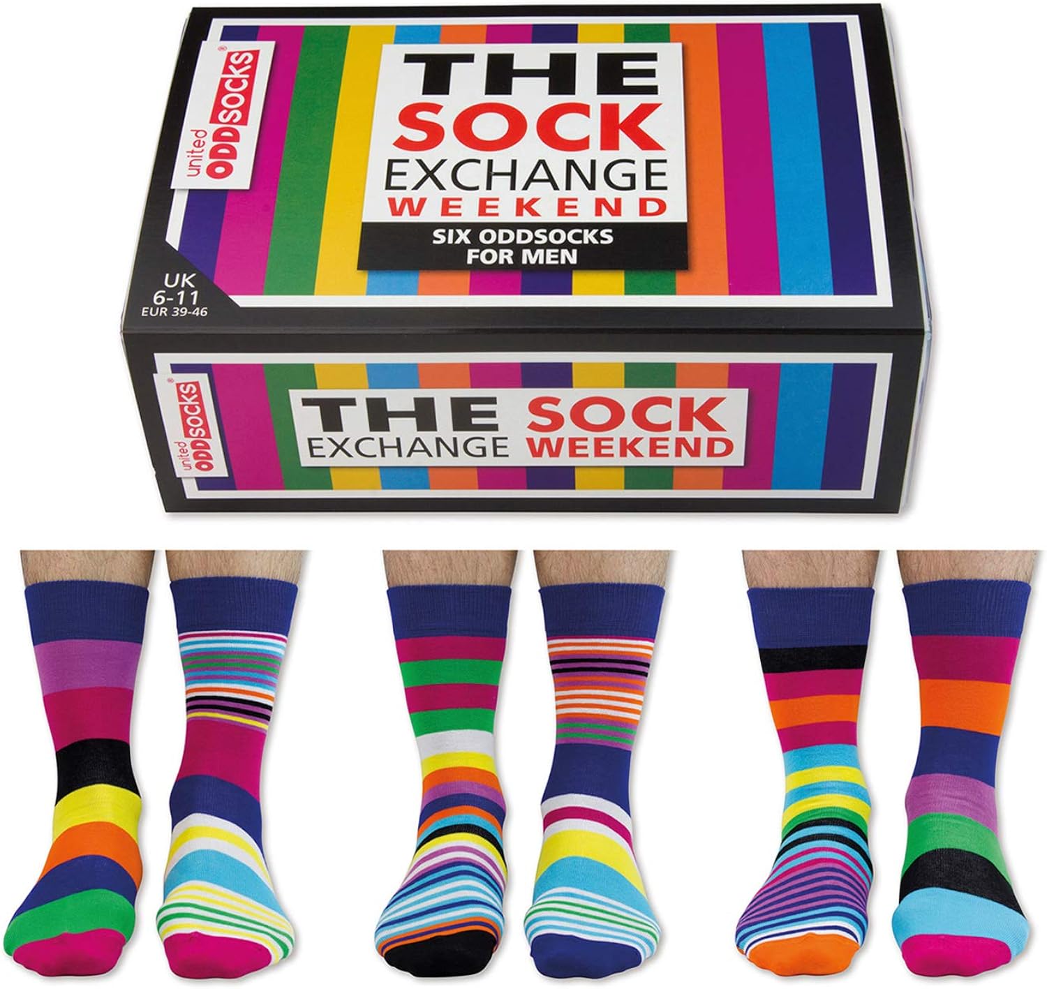 United Oddsocks The Sock Exchange Weekend Gift Box, 6 Colourful Easy-Going Mix & Match Odd Socks for Men, UK 6-11, EUR 39-46