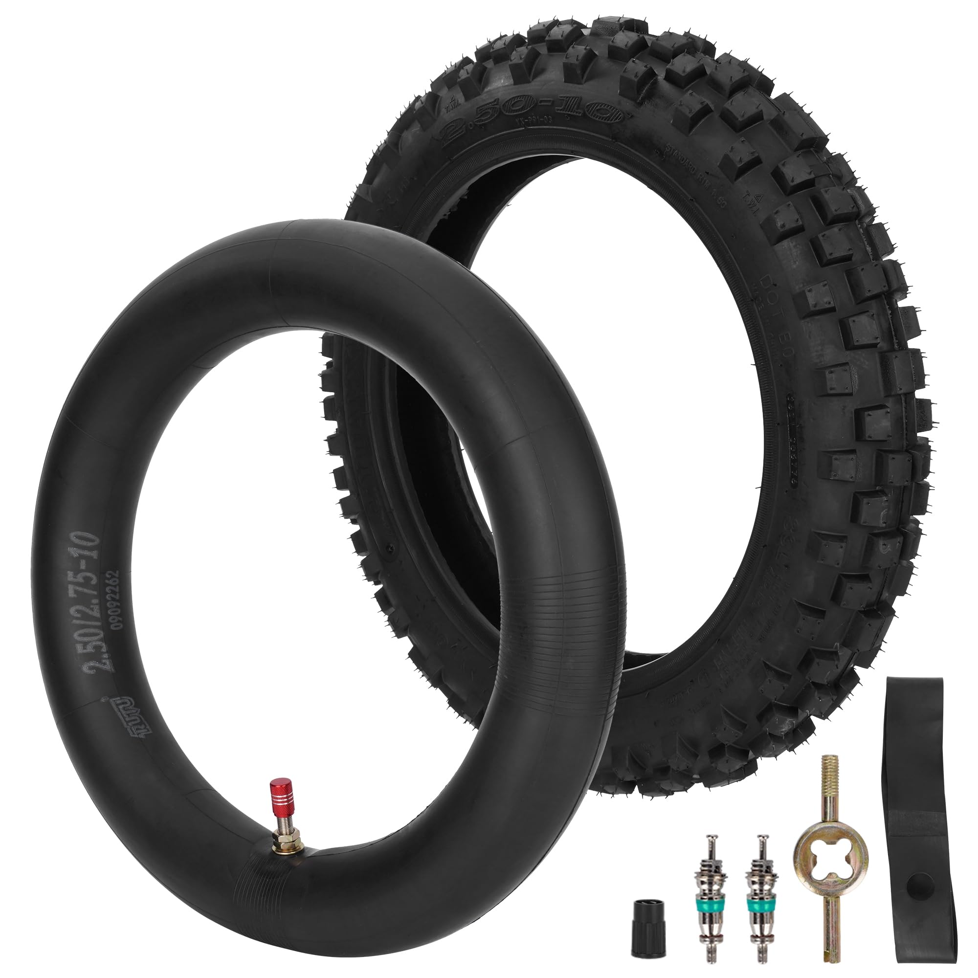 Photo 1 of 2.50-10 Tire and Inner Tube with TR4 Valve Stem for CRF50/XR50 DRZ70/JR50 PW50 Coolster QG-210 QG-213A MX650 MX500 Baja Dirt Runner 49 CR60R SX500 Dirt Rocket QG-210 MVX70 MVX110 Tao db10 PW50