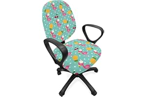 Ambesonne Nursery Office Chair Slipcover, Exotic Baby Flamingos Pineapple and Cherry Branches on Stars Backdrop Print, Protective Stretch Decorative Fabric Cover, Standard Size, Teal Pink