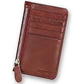 FEIGITOR Genuine Leather Slim Wallet for Women and Men Credit Card Holder with RFlD Blocking Vintage Full Grain Leather Zip Purse Card Cases Money Clip (Red)