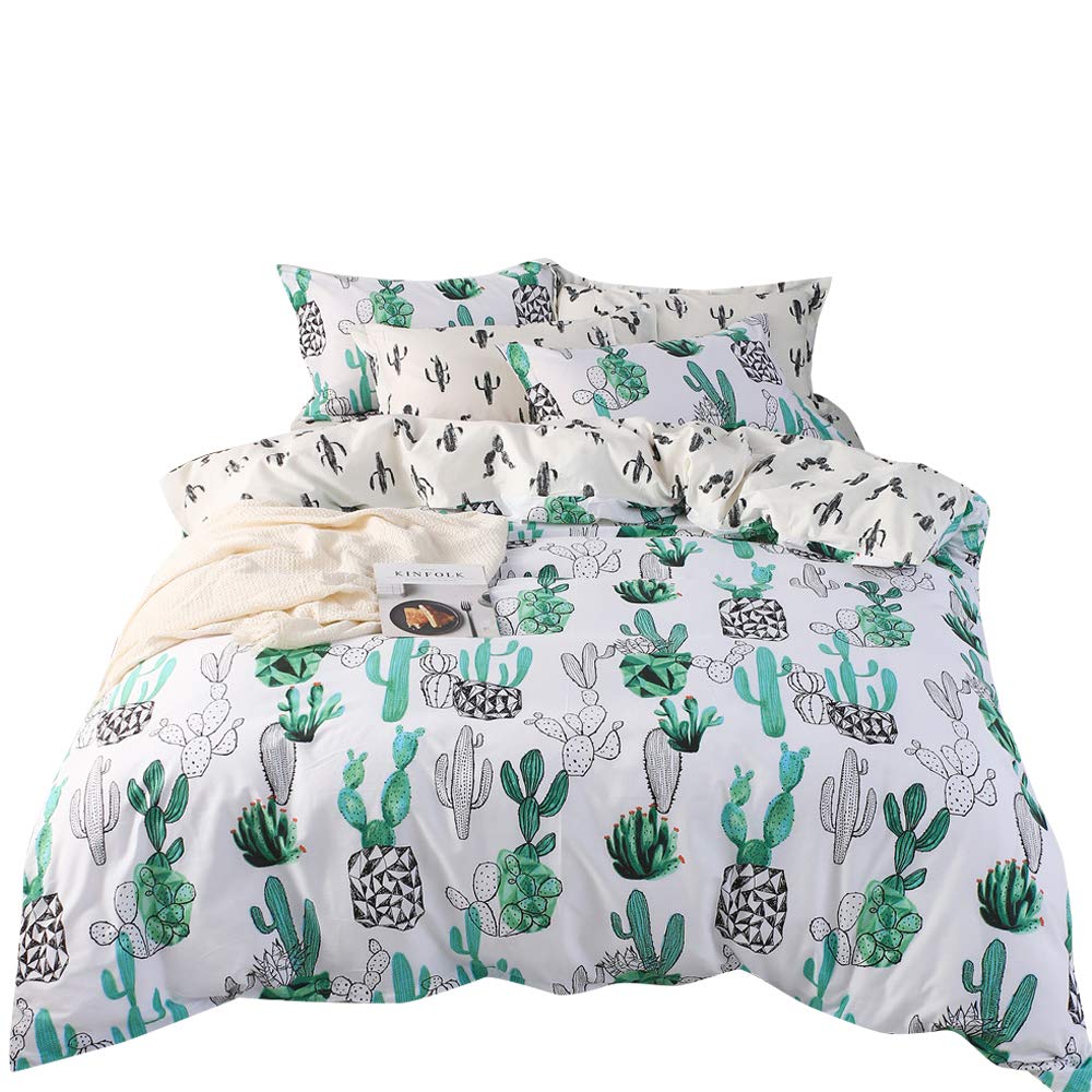 FenDie Plant Cactus Bedding Queen White Duvet Cover, 100% Cotton Teen Girls Bedding Set (1 Duvet Cover 2 Pillowcases), Reversible Pale Yellow Cacti Duvet Cover Fresh Style