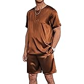 Ekouaer Men Silk Pajamas Set 2 Piece Pjs Soft Satin Sleepwear Shorts Button Down Tops Loungewear with Pockets