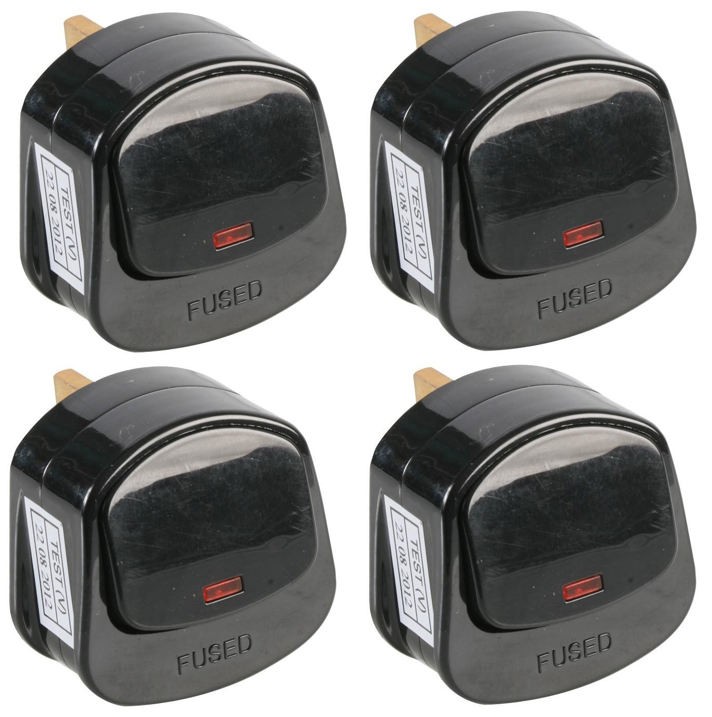 4 PACK 13 AMP UK PLUG WITH SWITCH AND NEON BLACK