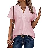 Astylish Womens V Neck Blouses Casual Short Sleeve Buttons Hollow Out Fashion Shirts Tops Dressy