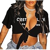 vblane Sexy Graphic Crop Tops for Women Summer Short Sleeve Tie up Tee Shirt
