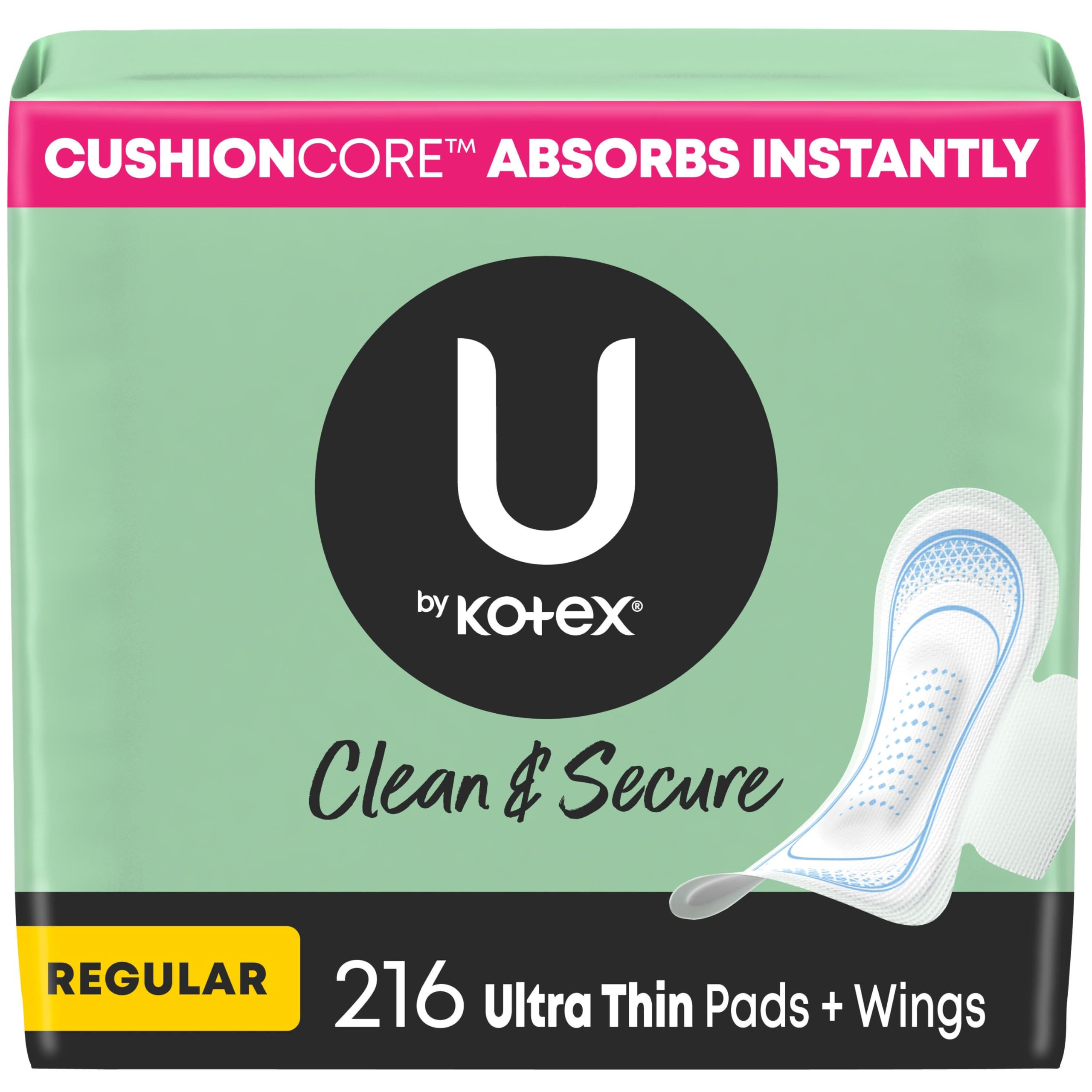 Photo 1 of U by Kotex Clean & Secure Ultra Thin Pads with Wings, Regular Absorbency, 216 Count (6 Packs of 36) (Packaging May Vary)