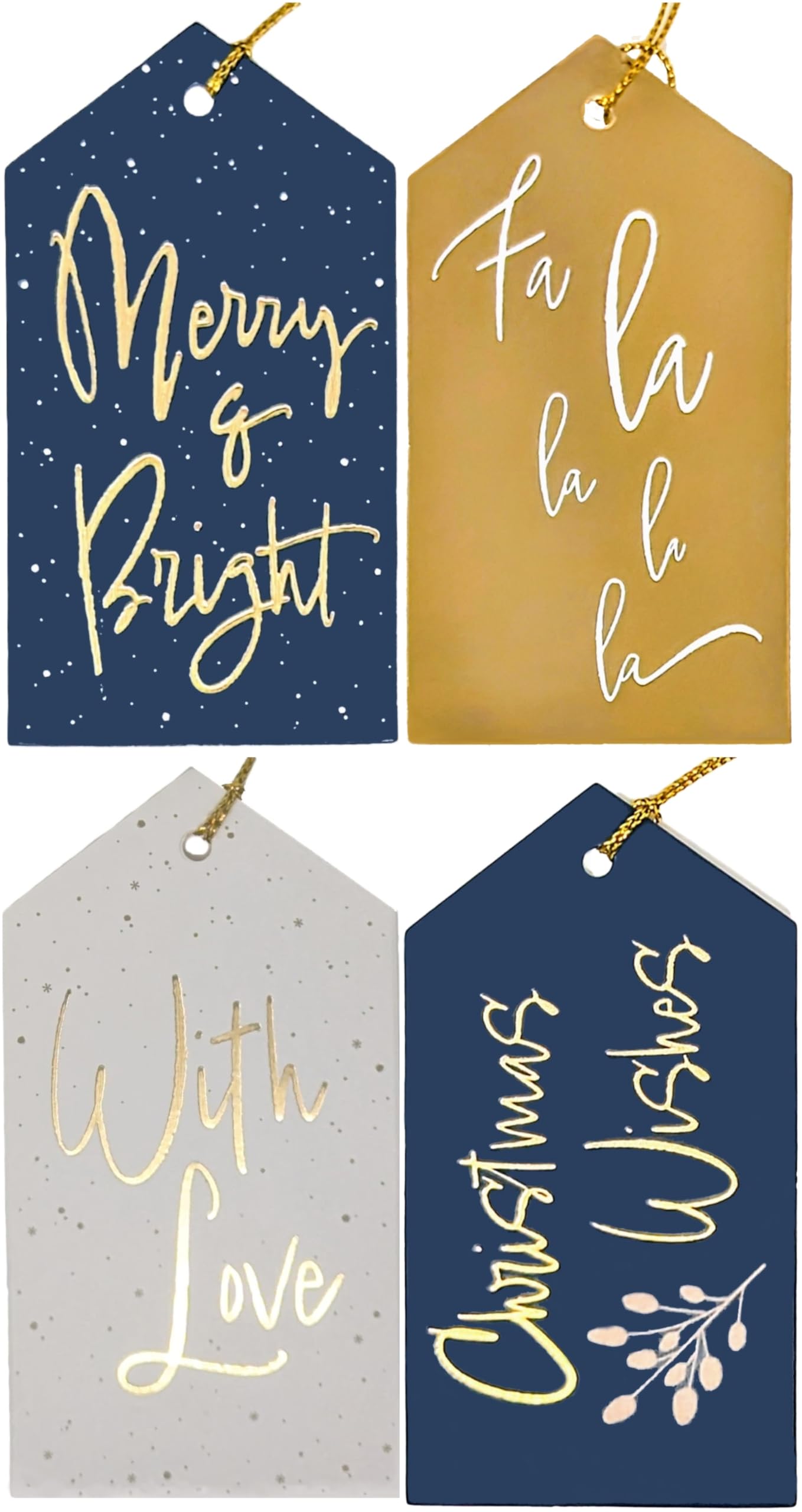 20 Luxury Navy & Gold Gift Tags for Christmas with Foil Detailing – 11.5 x 6.2cm – Pre-Attached Gold String – Recyclable Card – Eco Packaging – Premium Xmas Present Labels – 4 Elegant Designs