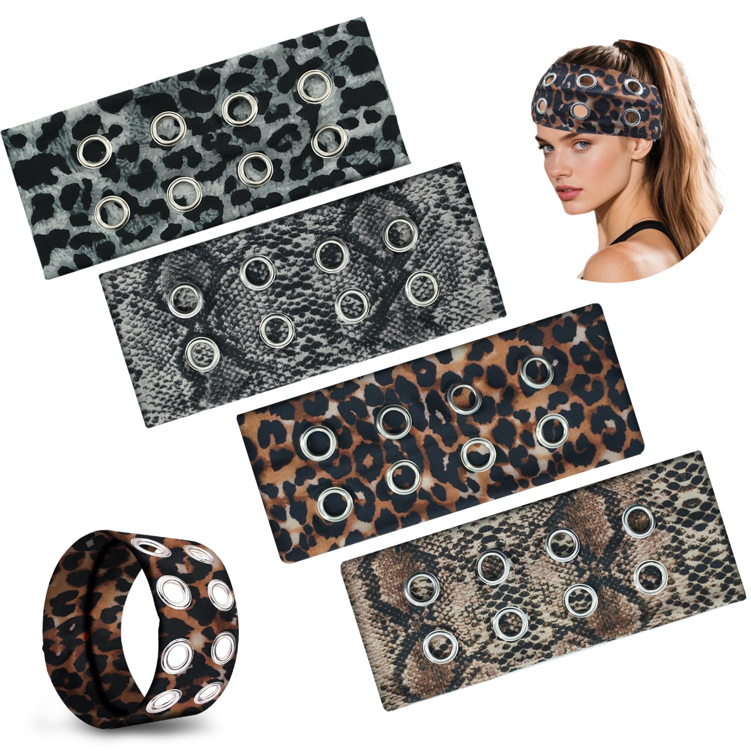 Photo 1 of 4Pcs Grommet Headband, Sports and Leisure Wide-Cut Y2k Headband for Women?Snake Skin and Leopard Print?