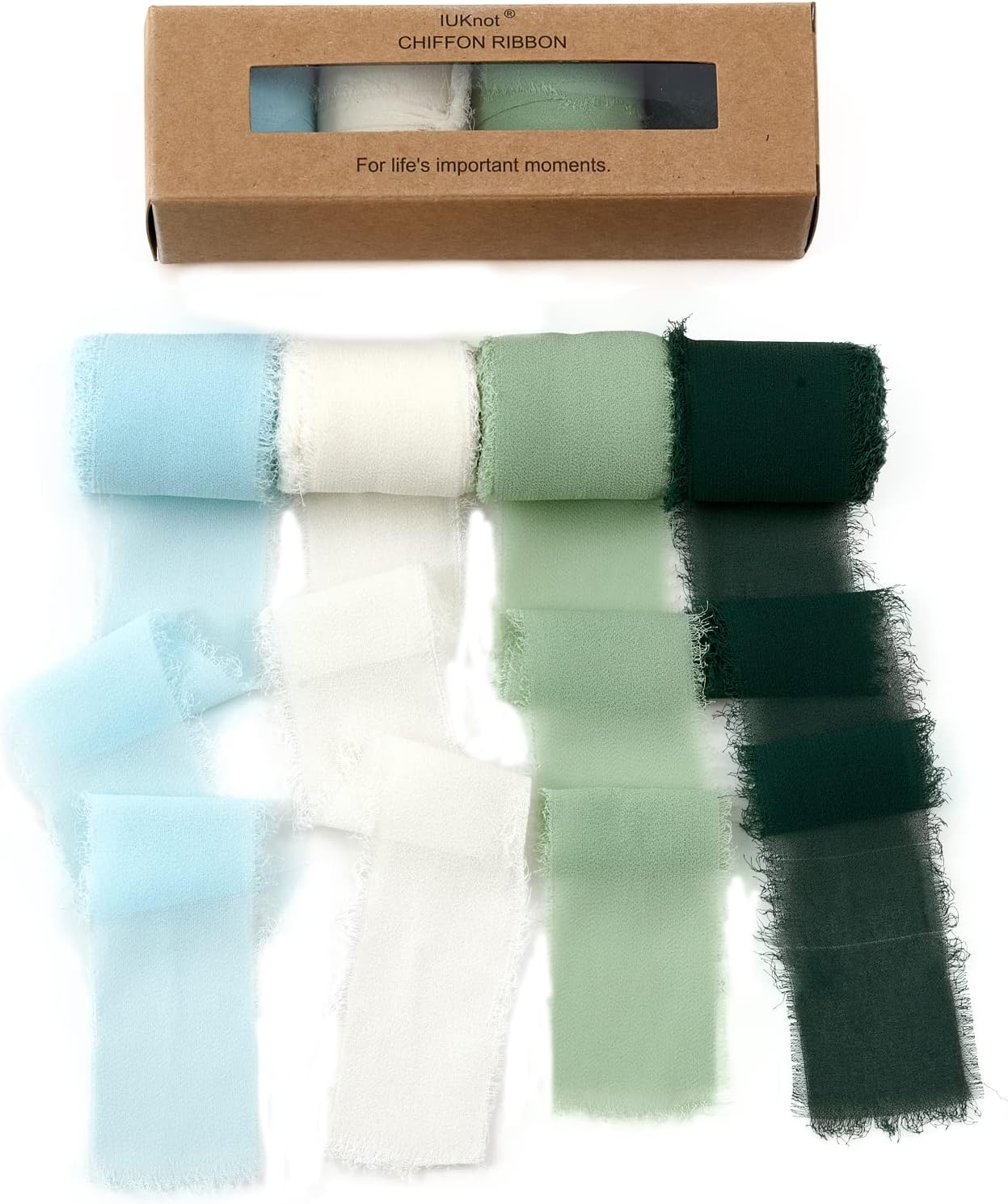 Bows & Ribbons - Chiffon Ribbon 4 Rolls Handmade Silk Ribbon Fringe Chiffon Gauze 1.5’’*5Yd Cream & Green Ribbons Set for Wedding Bridal Bouquet Invitations Photo PropsStyling Ribbon