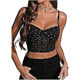 Floerns Women's Crop Rhinestone Sexy Bustier Corset Tops Lingerie Spaghetti Strap Sheer Mesh Night Out Camisole