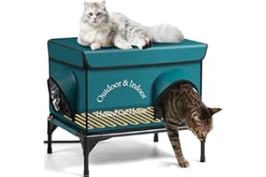 Yeatruojeet Heated Cat House for Outside Cat in Winter, Insulated Outdoor Feral Cat Shelter with Cat Heating Pad, 2 Doors,Elevated Waterproof Heated Kitty House (Blue, 21.5"x16.5"x18")