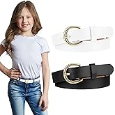 2 PCS Girls Belt 32.3" Elastic Leather Kids Belt, Exquisite Comfortable Skinny Strappy Waist Belt with Double O Ring Buckle (Black/White)