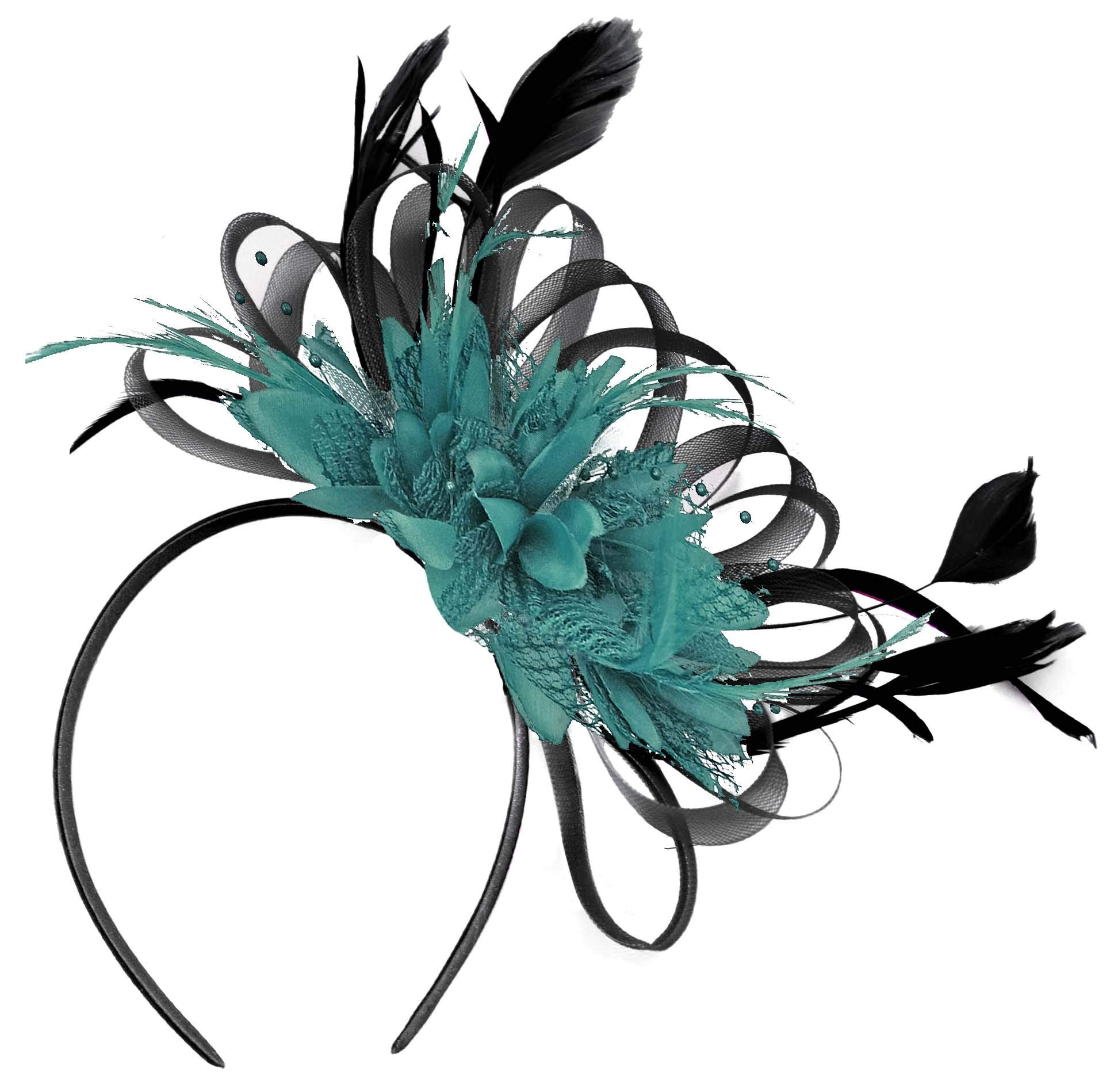 Caprilite Black Net Hoop and Teal Feathers Hair Fascinator Headband Wedding Royal Ascot Races
