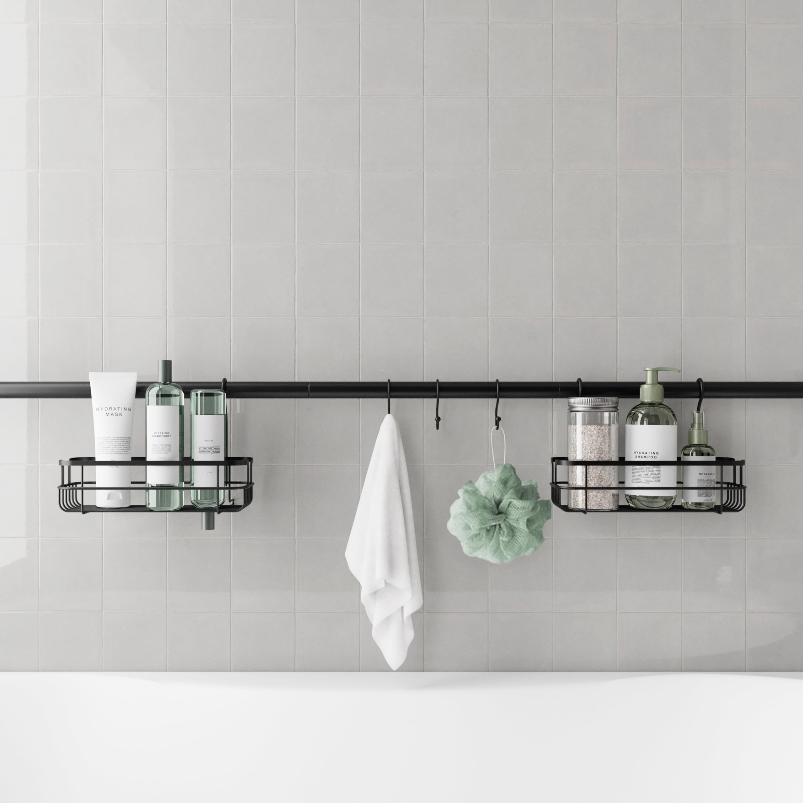 Zenna Home Bathroom Organizer Shower Caddy, Adjustable Horizontal Tension Pole Between Wall Shower Storage System with 2 Baskets and 3 Hooks, 26 to 76 Inch, Matte Black