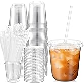 Ziliny 50 Sets Clear Plastic Cups with Lids and Straws, Disposable Iced Coffee Cups Drinking PET for Cold Drinks, Juice, Smoothie, Coffee Shops, Party, Christmas(Clear,12 oz)
