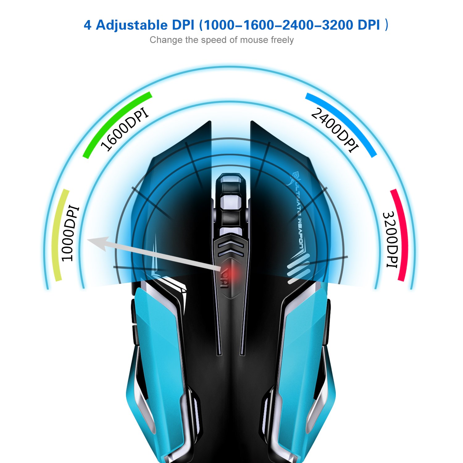 Gaming Mouse, LDesign 3200DPI Wired Gamer Mice ACC Optical Ergonomic with 4 Adjustable DPI Switch, 7-Color Breathing Light, High Accuracy Computer Mice Plug and Play (grey/silver)