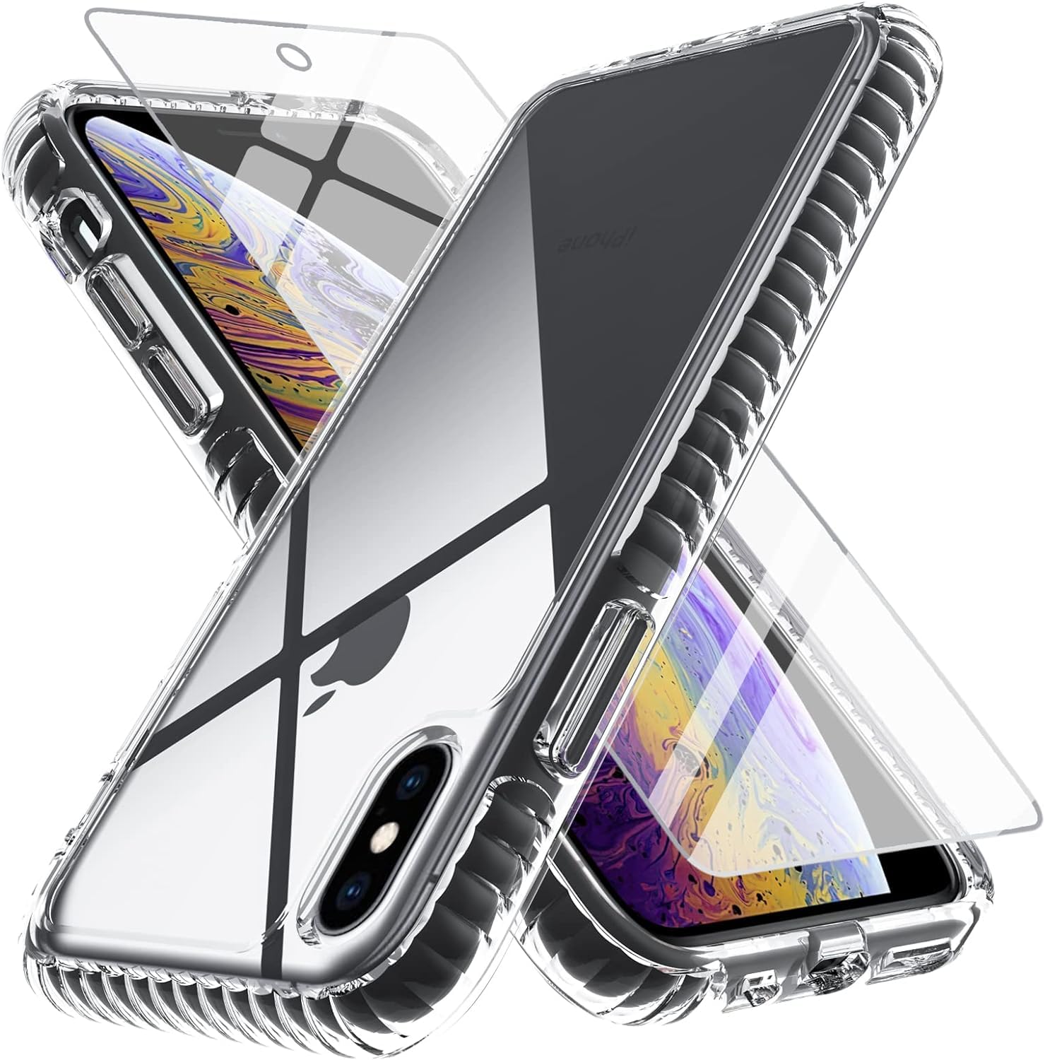 OWKEY iPhone X/XS Case 5.8" with Tempered Glass Screen - Military Grade Drop Protection, Transparent Anti-Scratch Slim Cover, Clear