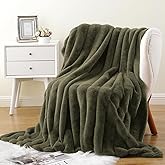 Battilo Olive Green Puffer Faux Fur Throw Blanket, Rabbit Fur Blanket for Bed, Couch, Super Soft Cozy Fuzzy Mink Blanket, 50"x60"