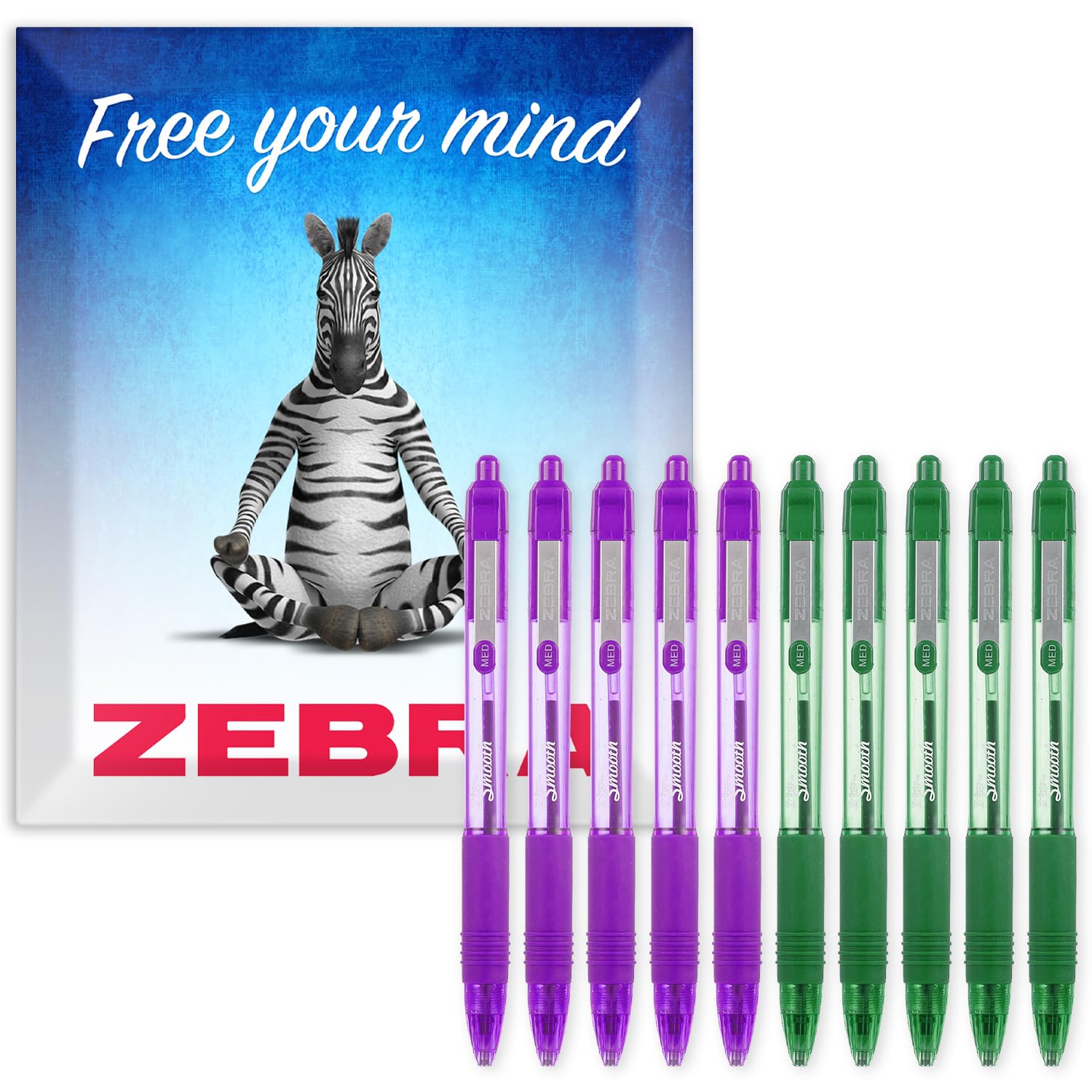 Zebra Z-Grip Smooth Retractable Ballpoint Pen - 1.0mm Nib - Green and Purple Ink - Pack of 10 - In Zebra Envelope Gift Packaging