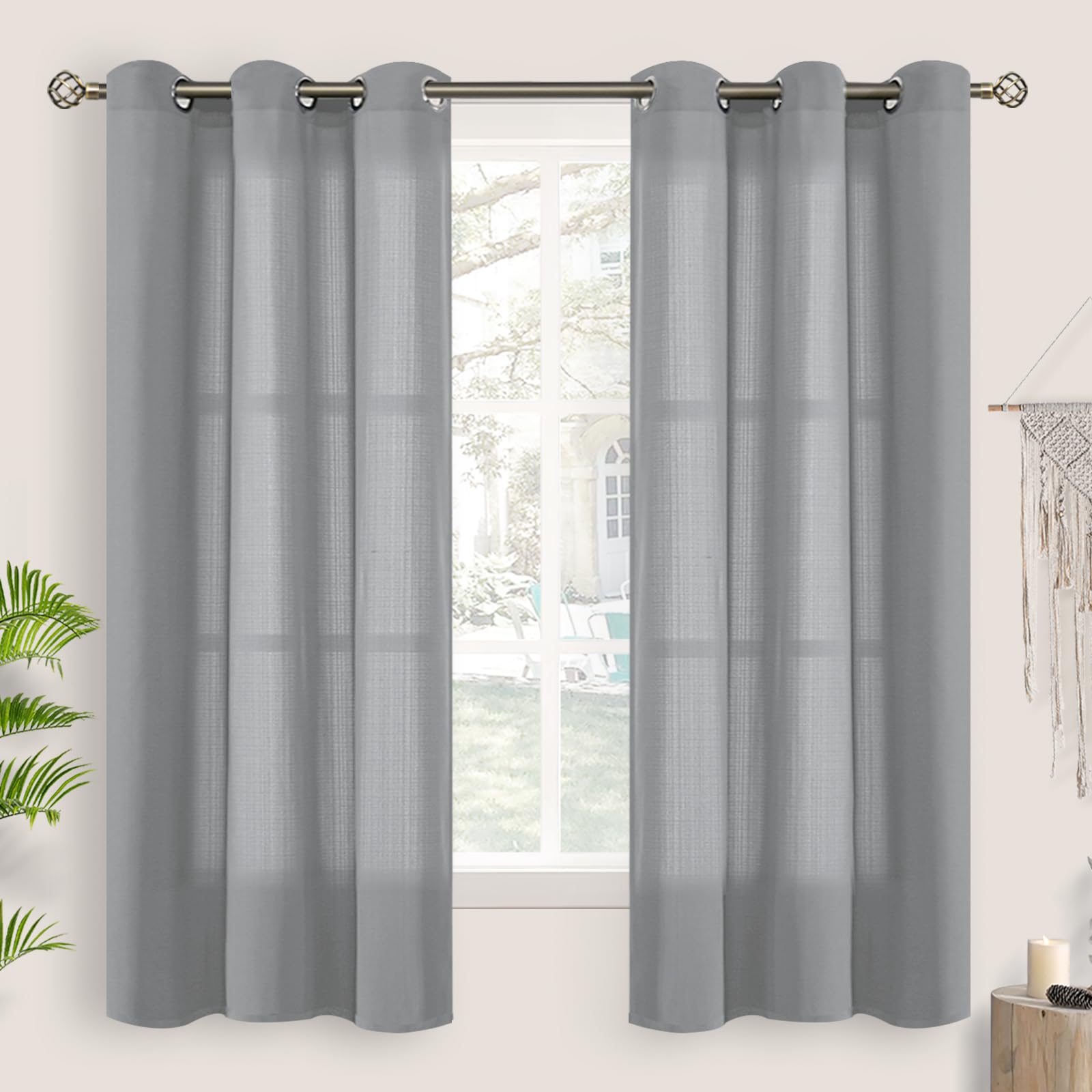 BGment Grey Sheer Curtains 63 Inch Length 2 Panels, Natural Linen Grommet Semi Sheer Light Filtering Drapes Casual Textured Privacy Opaque Panels for Living Room, (Each 42 x 63 Inch, Grey)