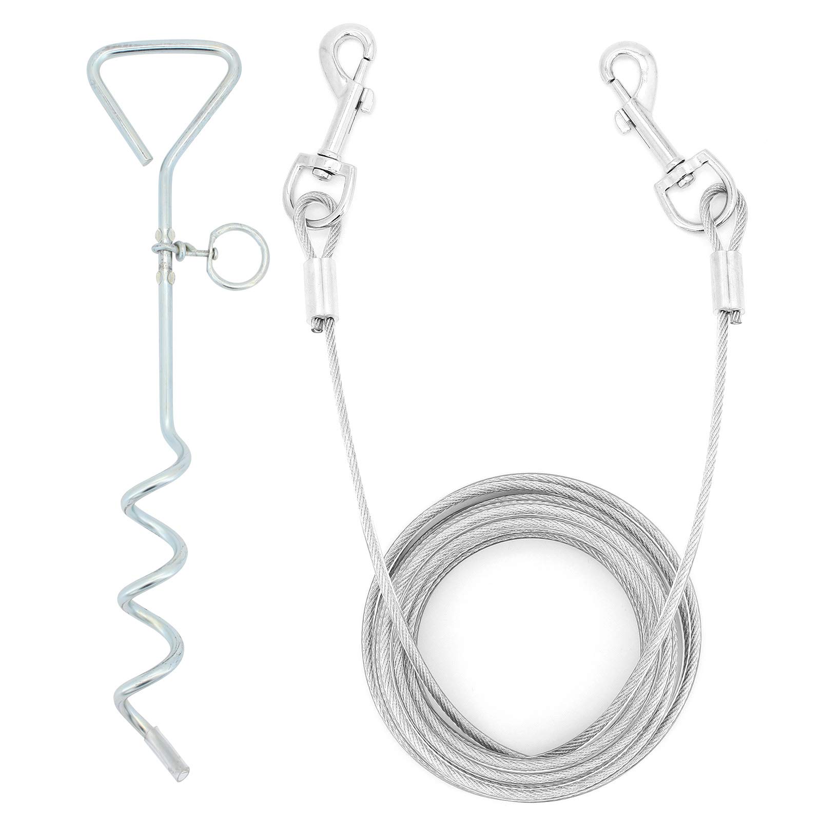 ShawFly Solid Dog Stake and Tie Out Cable (3m, 5m, 10m) Premium Steel Spiral Dog Tie, with 16 Inch spiral ground stake, for Outdoor Yard and Camping Puppy pet and Medium Dogs (5m)