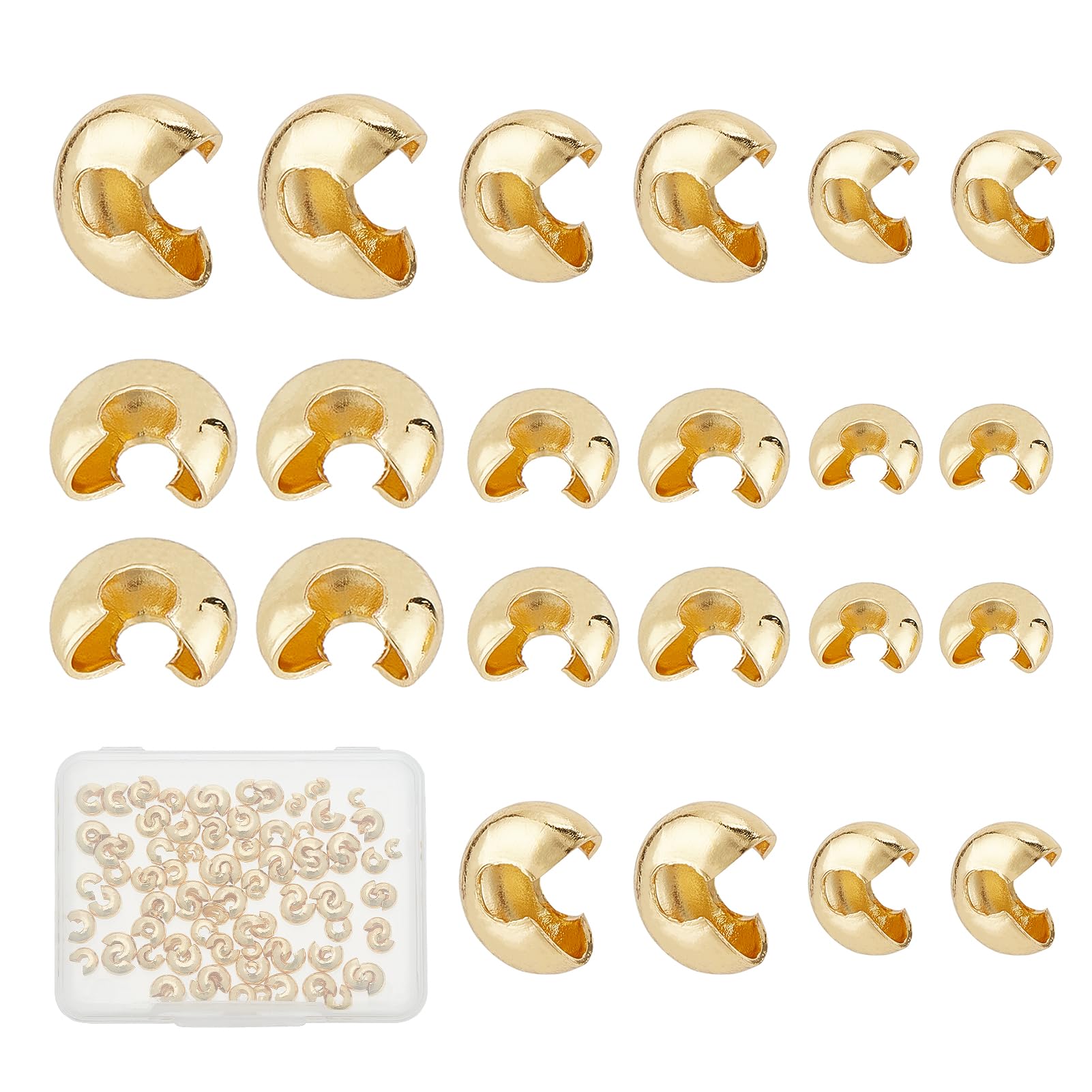NICENEEDED 120 Pcs Crimp Bead Knot Covers, Half Round Open Crimp Beads Covers, 18K Gold Plated Knot Cover Cap Cord End Tip Brass Crimp Bead Covers Bead Stopper for DIY Jewelry Craft Making