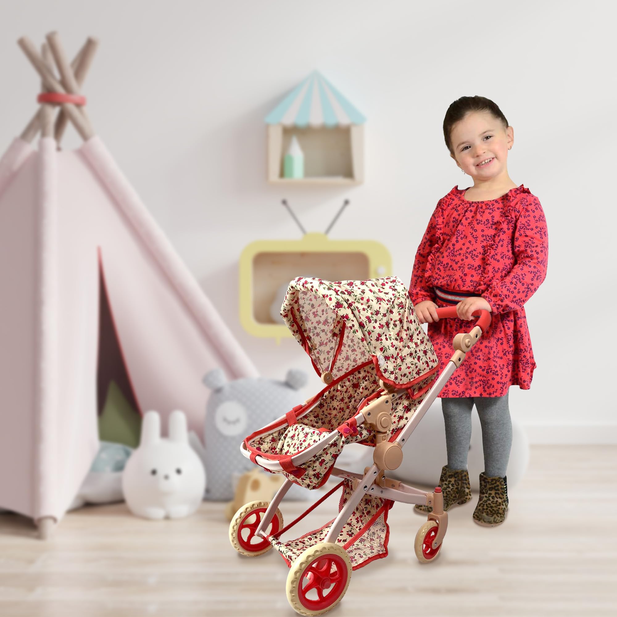 Convertible Combo Baby Doll Stroller for 3 Year Old Girls & Up | Play Toy Baby Stroller for Dolls, Folding Adjustable Bassinet Carriage Buggy with Storage Basket Converts to Sit Up Pushcart Pram, Red