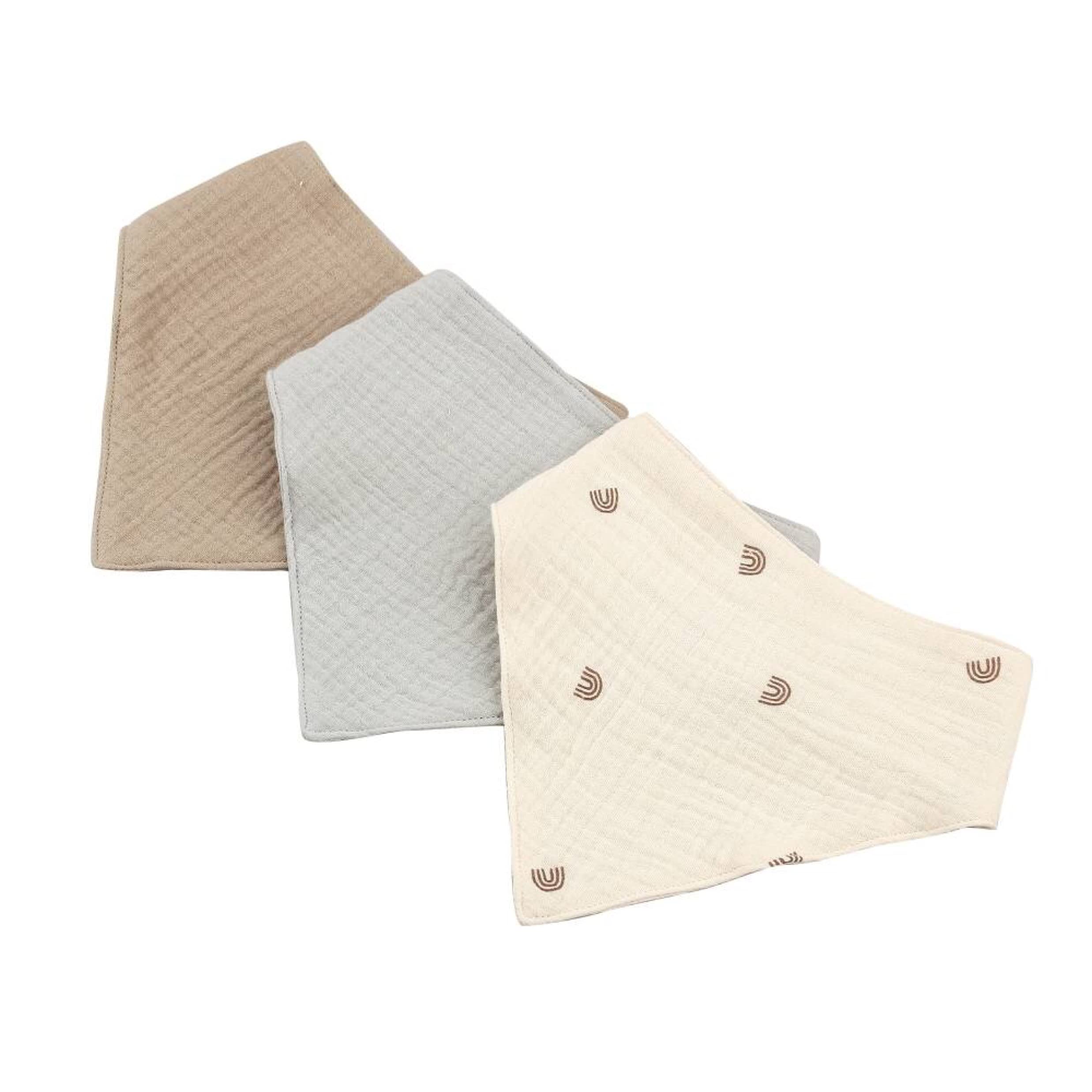 Aloonii Organic Cotton Muslin Dribble Bandana Style Bibs (Neutral) 3 pack