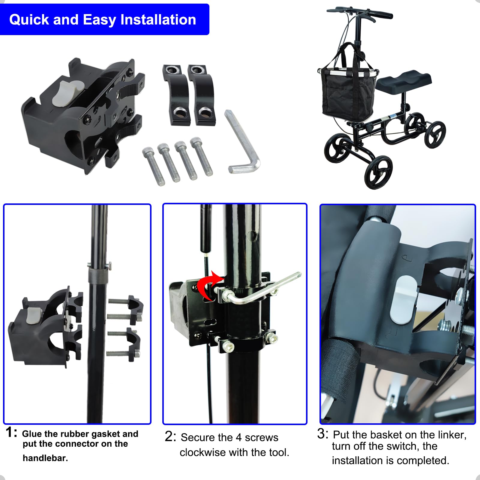 Mkuero Knee Scooter Basket Accessory with Handle, Quick Release Removable Cloth Basket - Fits Most Knee Scooter Walker Models