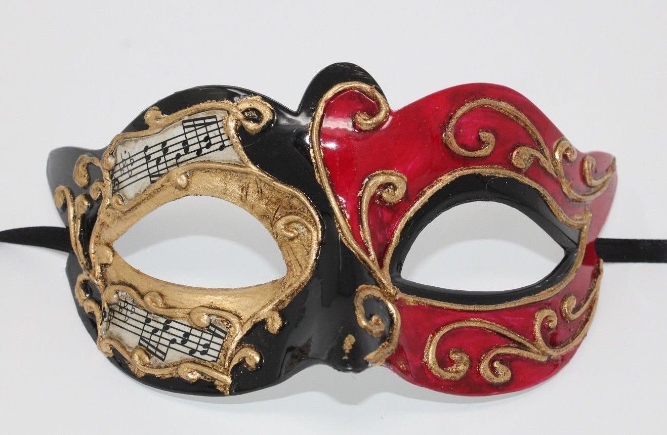 VENETIAN MASQUERADE CARNIVAL PARTY EYE BALL MASK RED GOLD & BLACK WITH MUSICAL NOTES SCRIPT