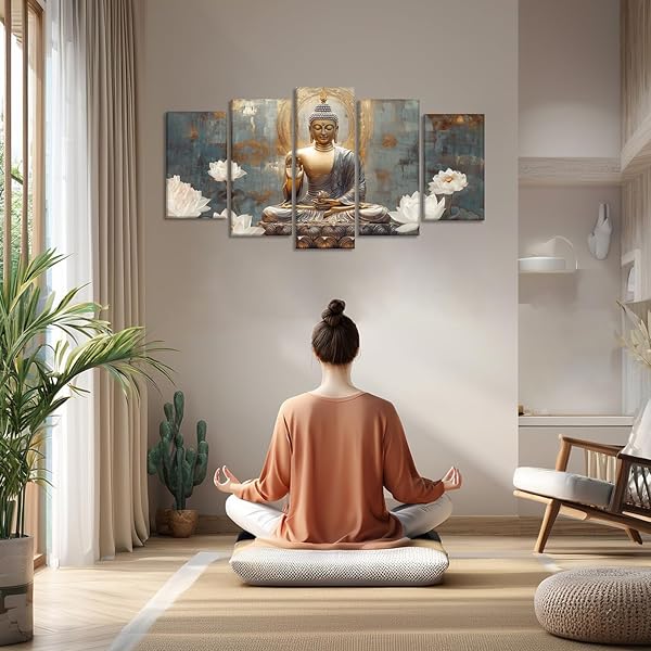 BUDDHA CANVAS WALL ART 5 PIECE ZEN WALL DECOR BUDDHISM MEDITATION PAINTING FOR SPIRITUAL ROOM LIVING ROOM HOME DECOR OFFICE FRAMED(PICTURE-1,8X14INX2 8X18INX2 8X22INX1)