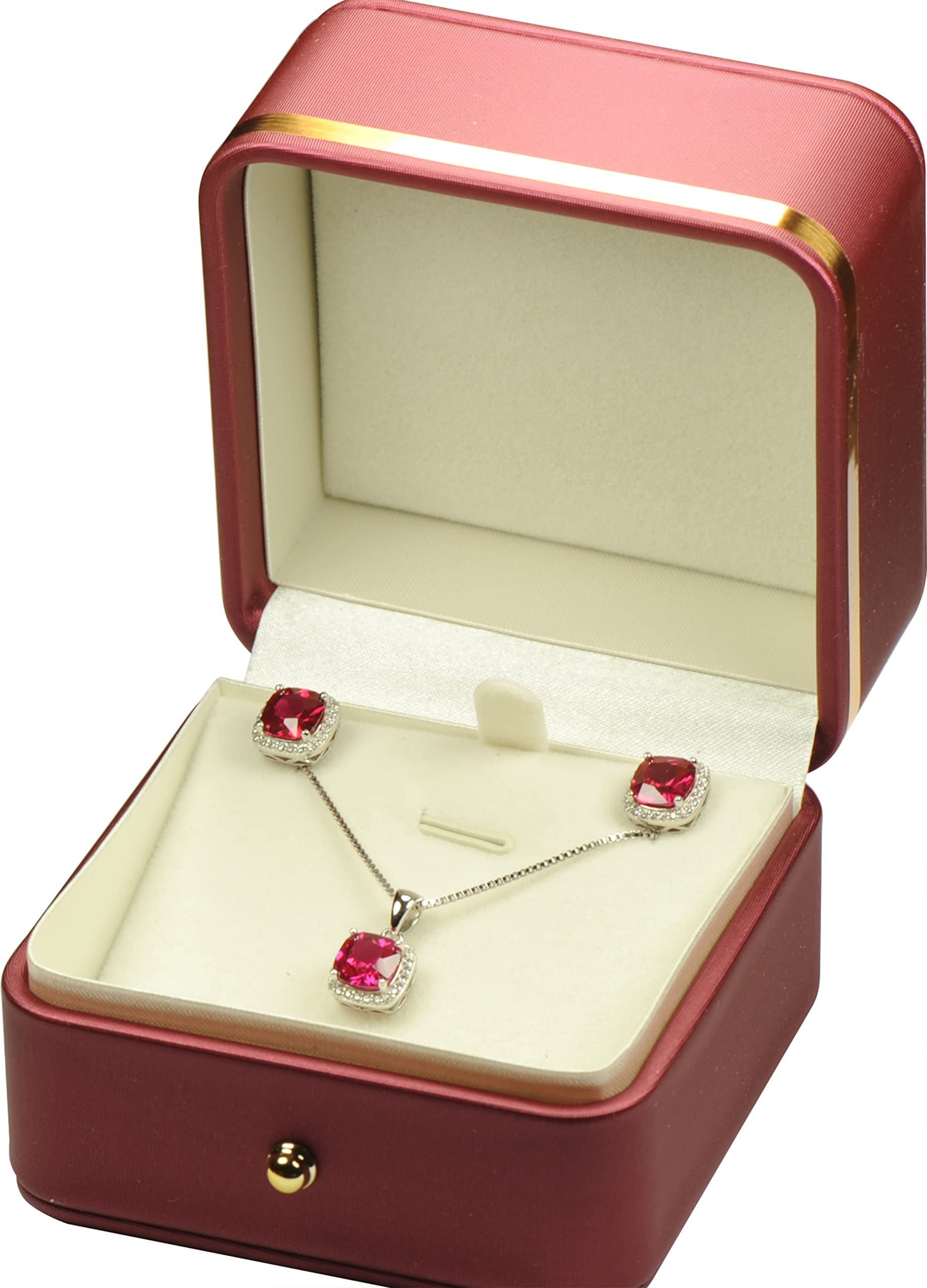 Photo 1 of ***(JEWLERY NOT INCLUDED)***Red Burgundy Color Necklace Earring Set Jewelry Gift Box Luxury Soft Touch Premium PU Leather Necklace Pendant Chain Jewelry Storage Holder Box with Elegant Gold Trim and Gold Button Design