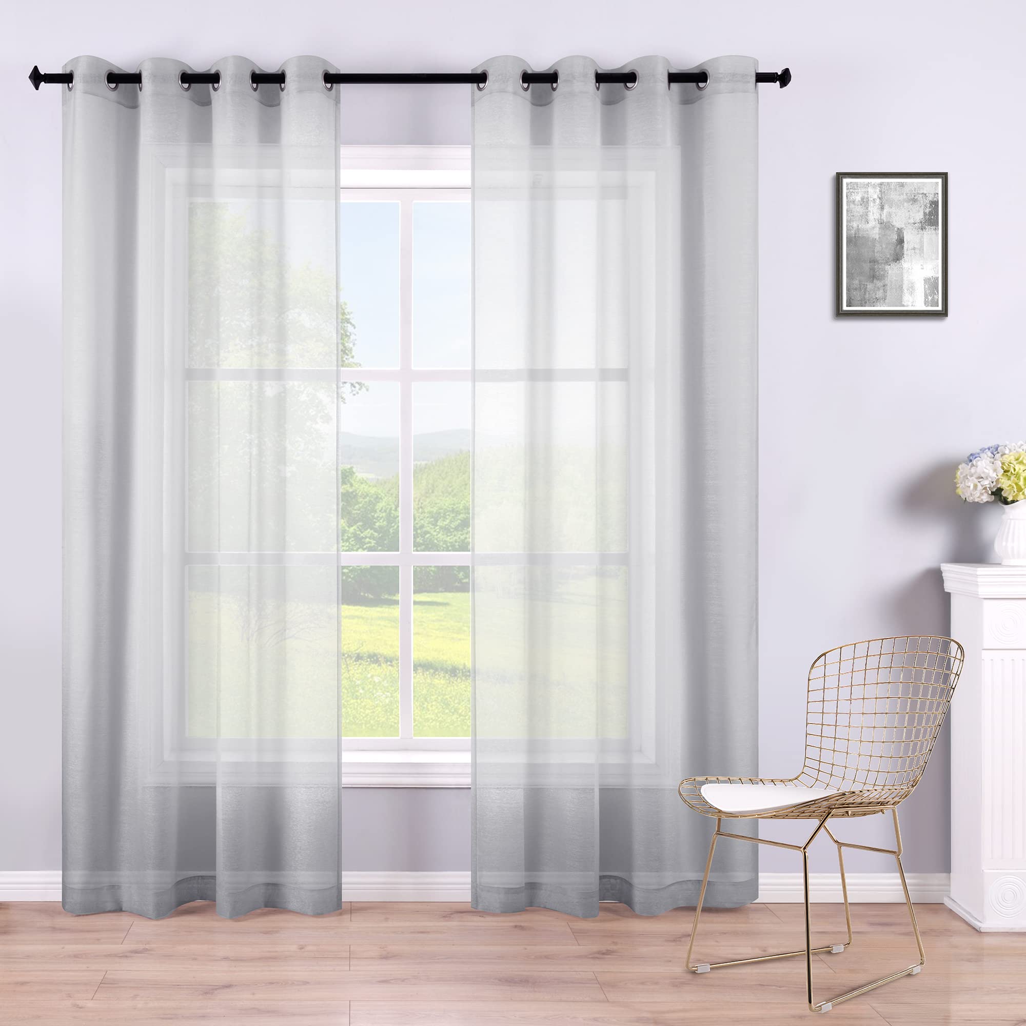 Gray Sheer Curtains 96 Inches Long for Office 2 Panels Set Pair Grommet Window Tulle Drape Semi Voile Transparent Silver Sheer Curtains for Dining Room Dorm Bedroom Living Room Extra Length Light Grey