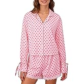 VFURYGD Women Heart Print Pajamas Sets Long Sleeve Button Down Shirt Tops and Ruffle Lace Trim Shorts Loungewear