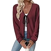 EVALESS Womens Cardigan Sweaters Trendy V Neck Long Sleeve Open Front Bow Tie Knit Chunky Lightweight Fall Outerwear