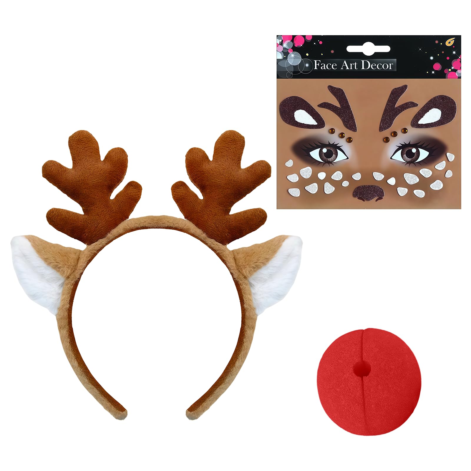 JUFYVO 3pcs Reindeer Headband Nose Face Sticker Christmas Headbands Cute Elk Headwear Christmas Deer Costume for Photos