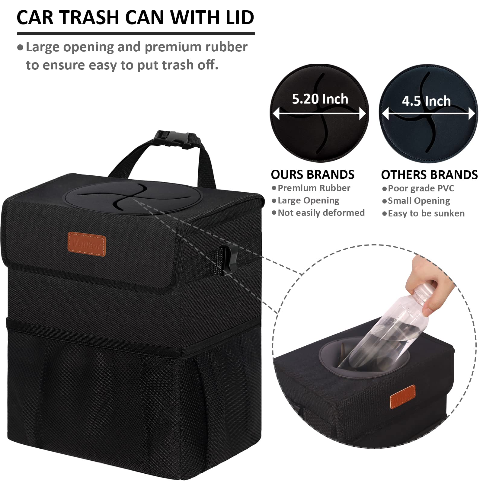 Car Trash Can Bin with Lid Hanging for Back Seat, Car Accessories for Women Men Leak Proof Automotive Garbage Cans Leakproof Vehicle Trash Can for Truck SUV Black