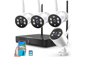 NUFEBS Security Camera NVR System 4Pcs 1080P Spotlight Color Night Vision WiFi Waterproof Security Surveillance Cameras with Pre-Installed 1TB Hard Drive and Two-Way Audio,4 Channel NVR DC Power