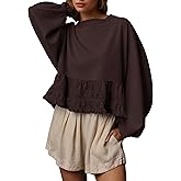 Burtell Crew Neck Crop Oversized Sweatshirts For Women Casual Long Puff Sleeve Babydoll Tops Loose Lace Patchwork Peplum Top