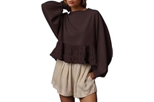 Burtell Crew Neck Crop Oversized Sweatshirts For Women Casual Long Puff Sleeve Babydoll Tops Loose Lace Patchwork Peplum Top