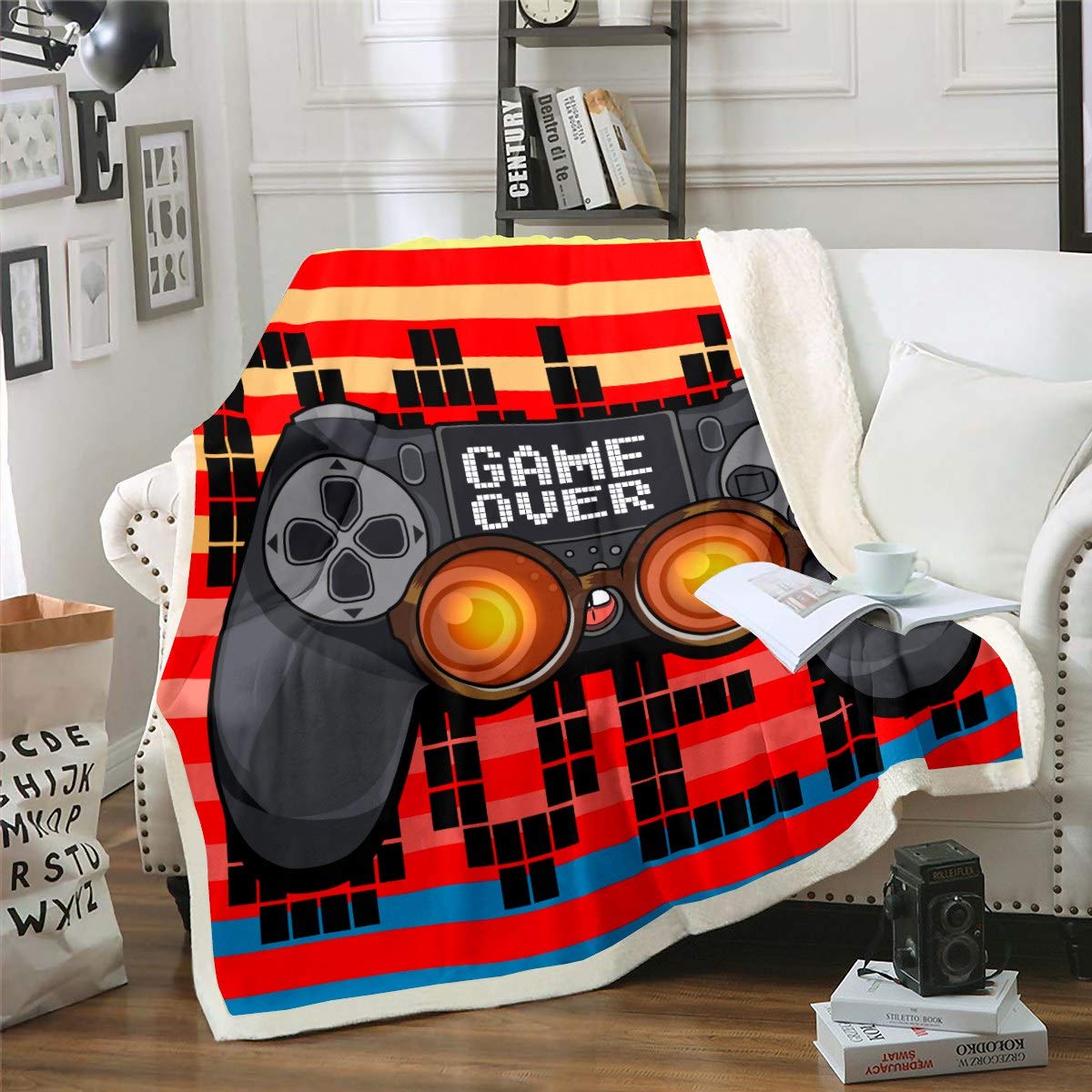 Loussiesd Boys Black Gamepad Plush Throw Blanket, 30"x40", Black, Sherpa, Fleece, Modern, Warm, Video Games, Cartoons, Sofa, Chair, Couch, Bed, Home, Gaming