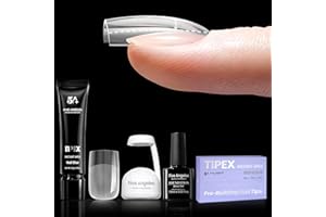 Five Angeles Tipex Gel Nail Tips Kit, Pre-etched Acrylic Hard Nail Tips Set for Beginners, Short Square Full Cover Press On Nails, Deep C Curve Flat Nails, 16 Sizes, UV Nail Glue, LED Lamp, Base Gel