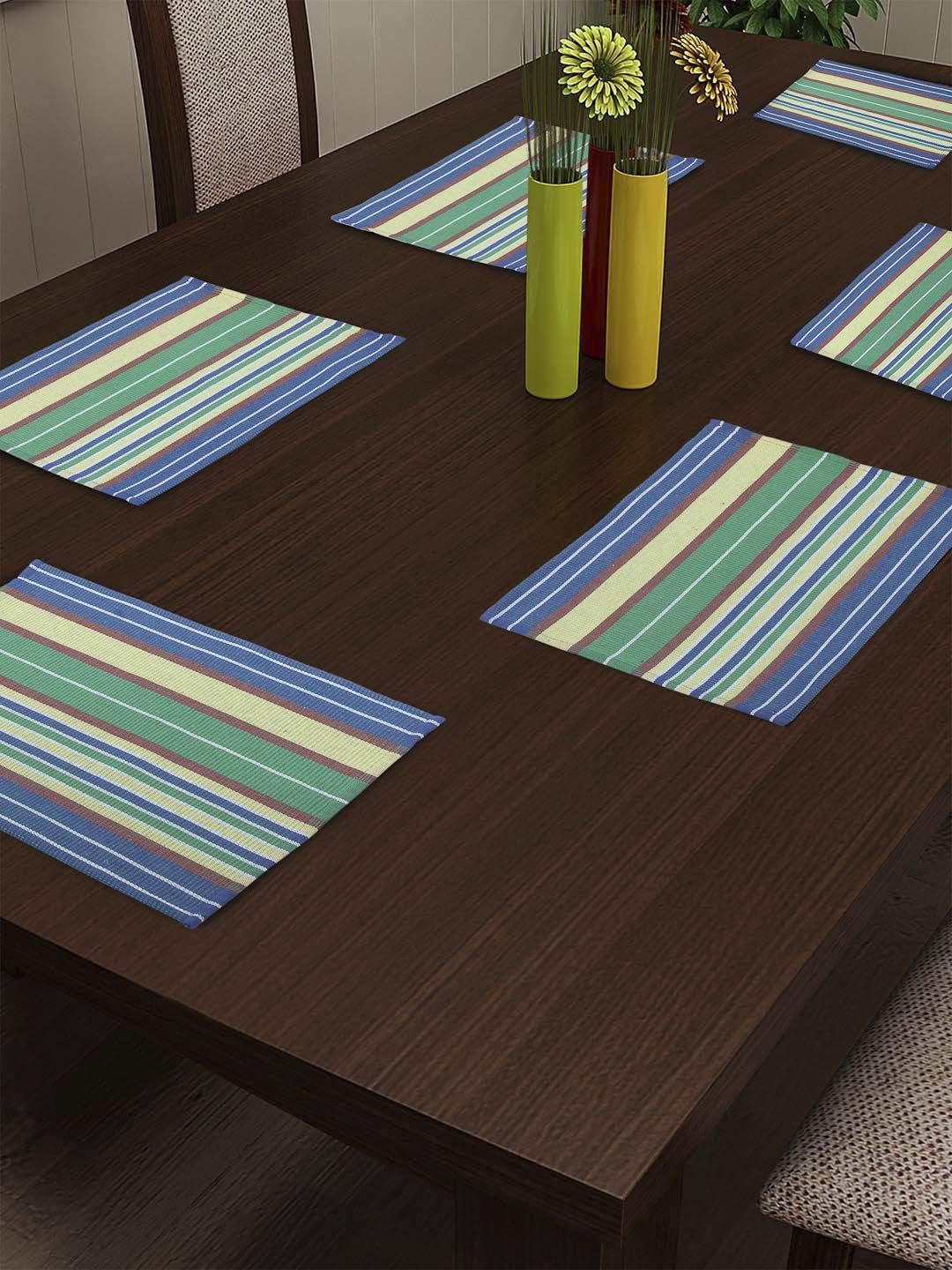 Dhrohar NEUDIS Cotton Table Placemats Set of 6 Hand Woven Ribbed Washable Table Mats, 33 X 45 cms (Green&Yellow)
