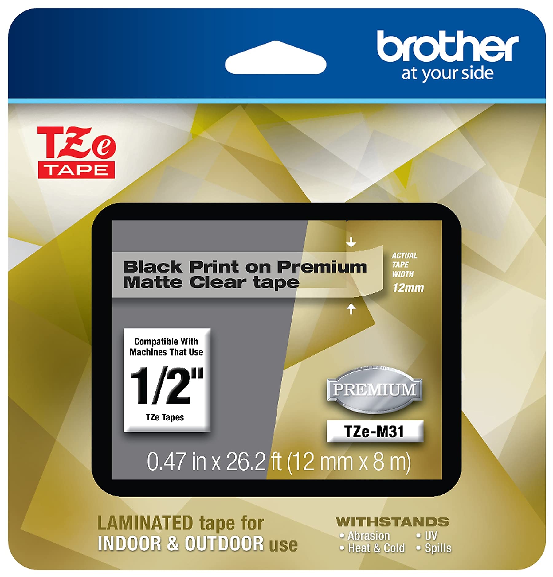 Brother P-touch TZe-M31 Black Print on Premium Matte Clear Laminated Tape 12mm (0.47”) wide x 8m (26.2’) long, TZEM31
