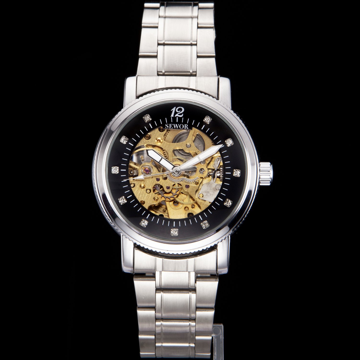 SEWOR Men\'s Mechanical Skeleton Business Steel Band Dress Diamonds Analog Watch (Sliver)