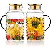 2 Pack 68oz/2L Glass Pitchers with Lids - Borosilicate Heat Resistant, Water Pitcher with Green Handle for Fridge, Iced Tea, Cold Brew & Lemonade - Home Kitchen Essential