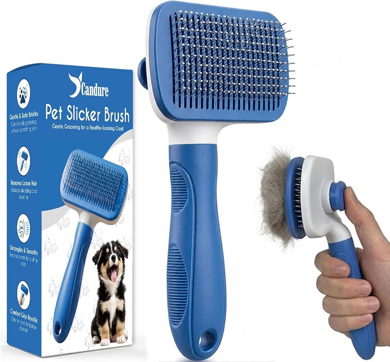 Hunde- und Katzenbürste, professionelle Haustierpflege, Zupfbürste, Haarentfernung, Unterwolle und Enthaarung, gummierte Edelstahlborsten (Himmelblaue Bürste)