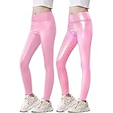 Kirinkylin Girls Metallic Leggings High Waisted Sparkly Yoga Pants Shiny Running Dance Tights for Kids Youth Teen, 2 Pack