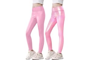 Kirinkylin Girls Metallic Leggings High Waisted Sparkly Yoga Pants Shiny Running Dance Tights for Kids Youth Teen, 2 Pack