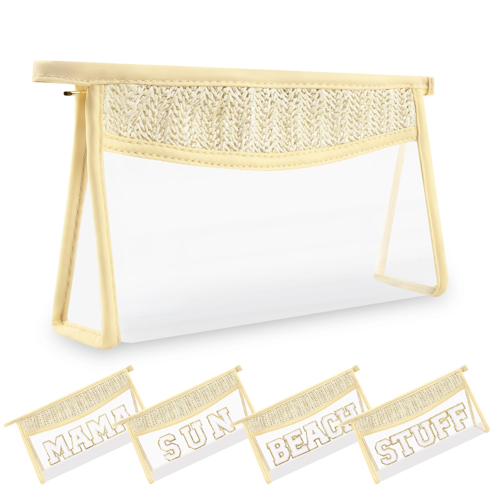 Photo 1 of Small Boho Straw Clear Makeup Bags for Women&Girls, Zipper Cosmetic Bag Chenille Varsity Letter Patch Bag, Preppy Cute Toiletry Pouch, Trendy Organizer Storage Pouch for Beach Travel Essentials